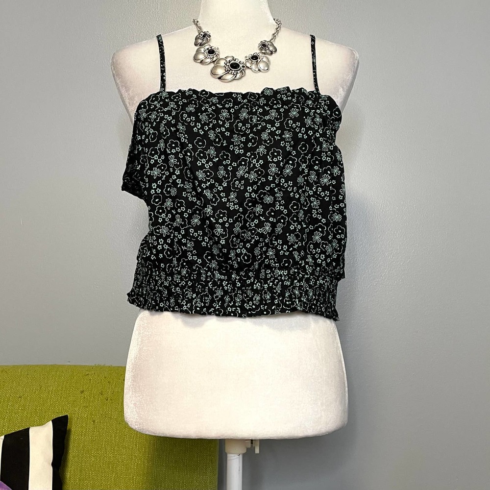 Abound Black Blue Floral Square Neck Smocked Crop Tank Top NEW XL